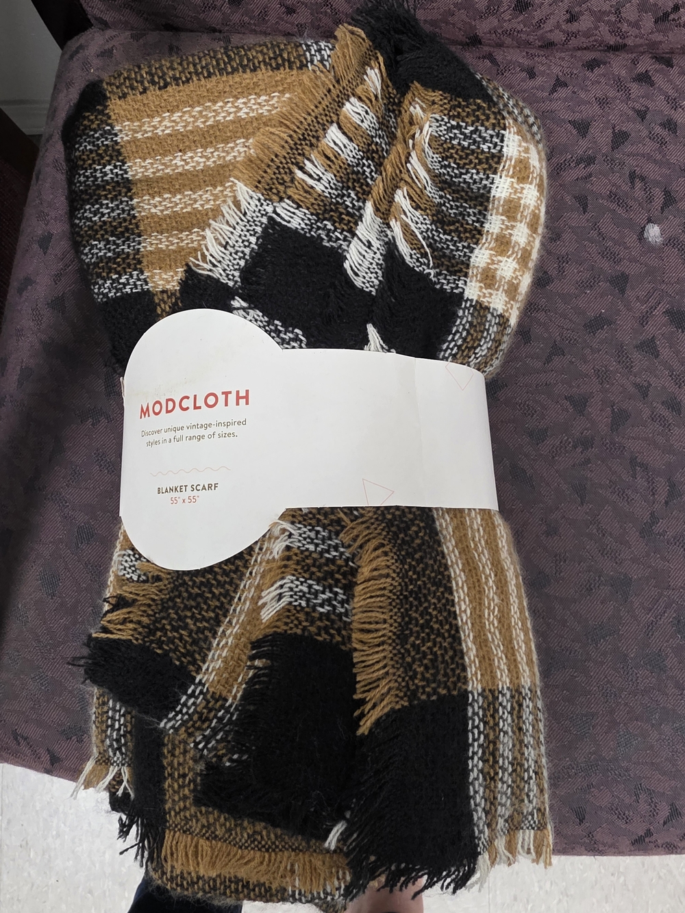 ModCloth Black and Mustard Plaid Blanket Scarf with Fringe
